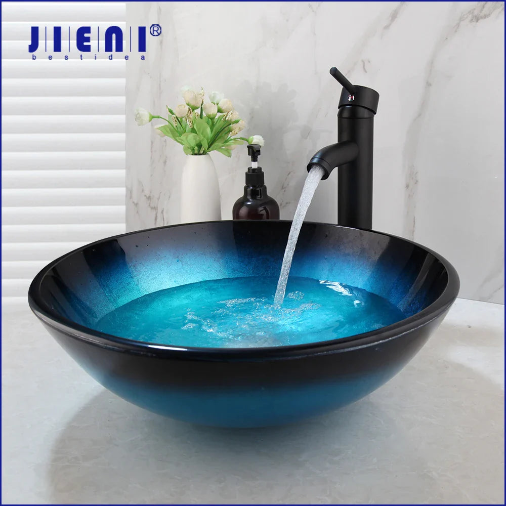 Afralia™ Bule Glass Sink Set with Matte Black Mixer Faucet Tap and Pop Drain