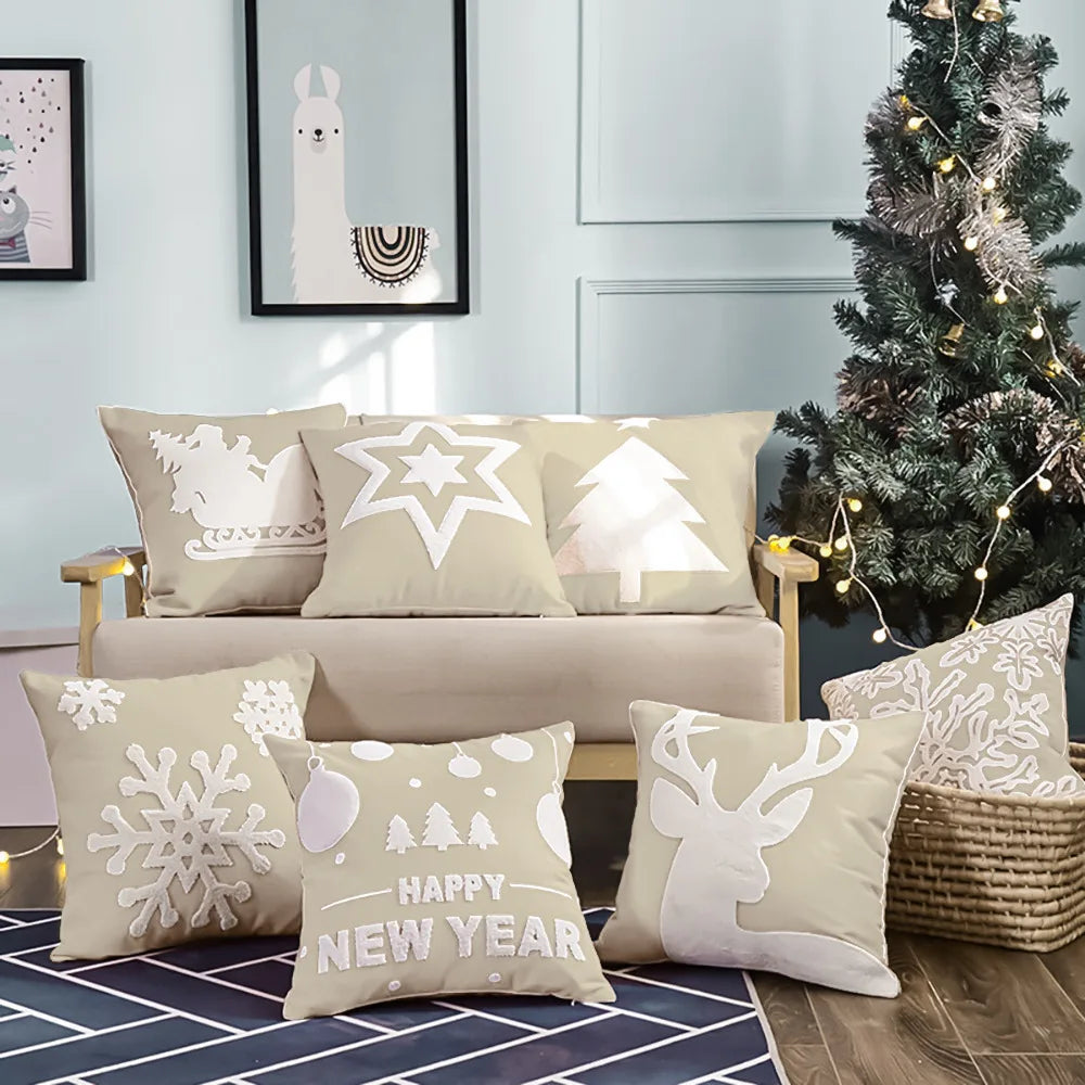 Beige Deer Snowflake Pillowcase 45x45cm - Afralia™ Embroidered Cotton Cushion Cover