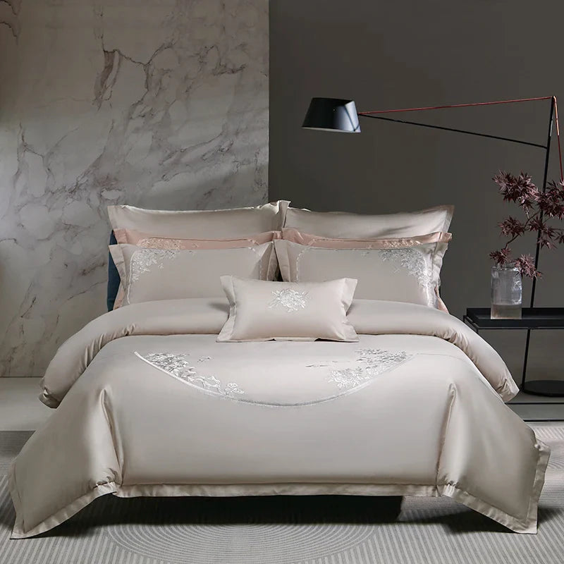 Afralia™ Luxury Chinese Flowers Embroidery Bedding Set: 1 Duvet, 1 Sheet, 2 Pillowcases