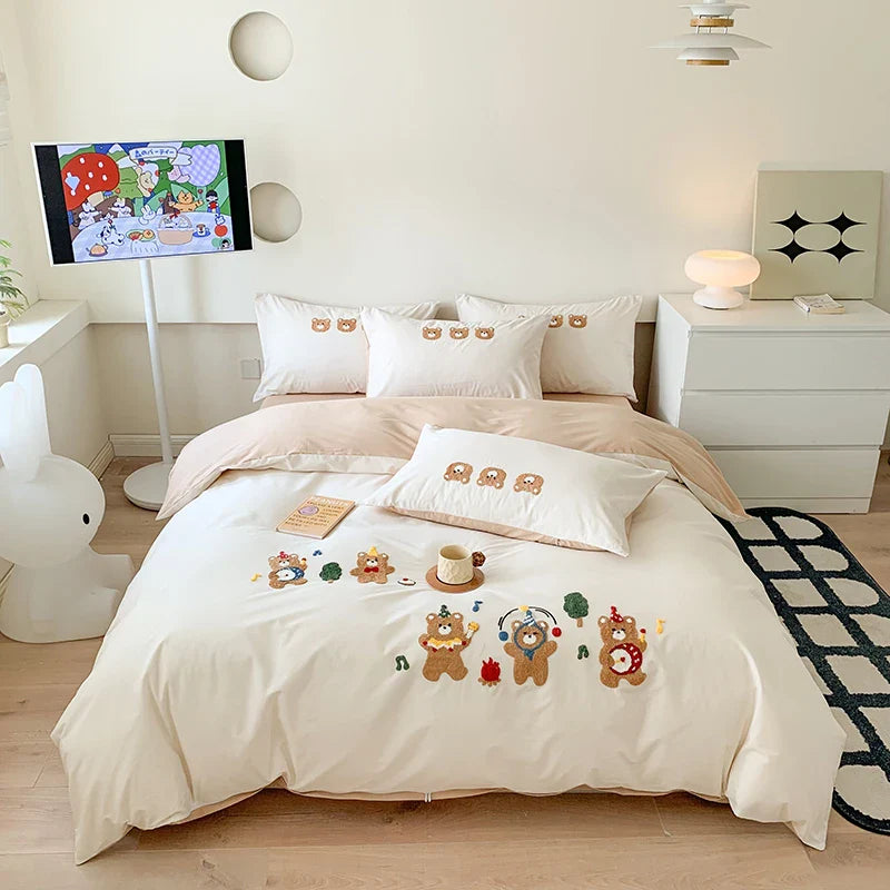 Afralia™ Cute Bear Embroidery Bedding Set with Duvet Cover, Sheet and Pillowcases