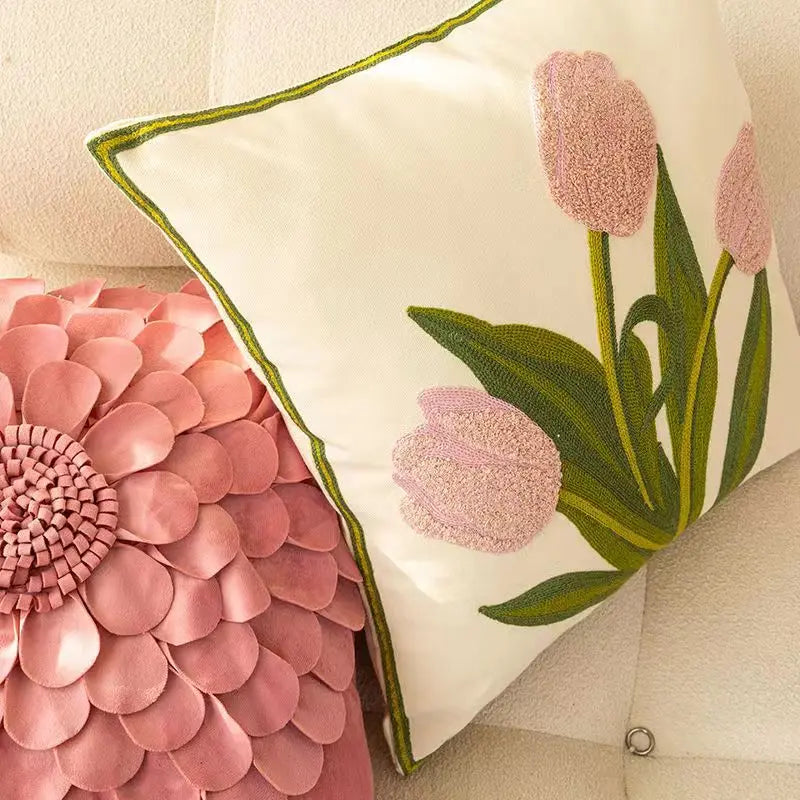 Afralia™ Velvet Tulip Embroidery Cushion Cover Pink Flower Patchwork Pillowcase