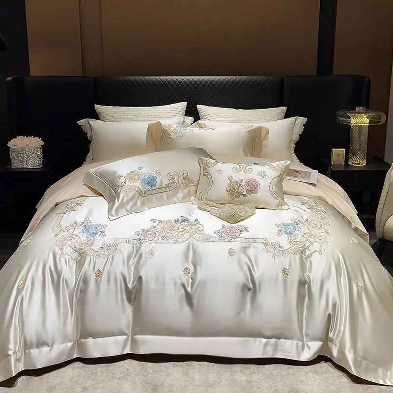 Afralia™ Luxe Brocade Cotton Flowers Embroidery Bedding Set Cream/Champagne Patchwork