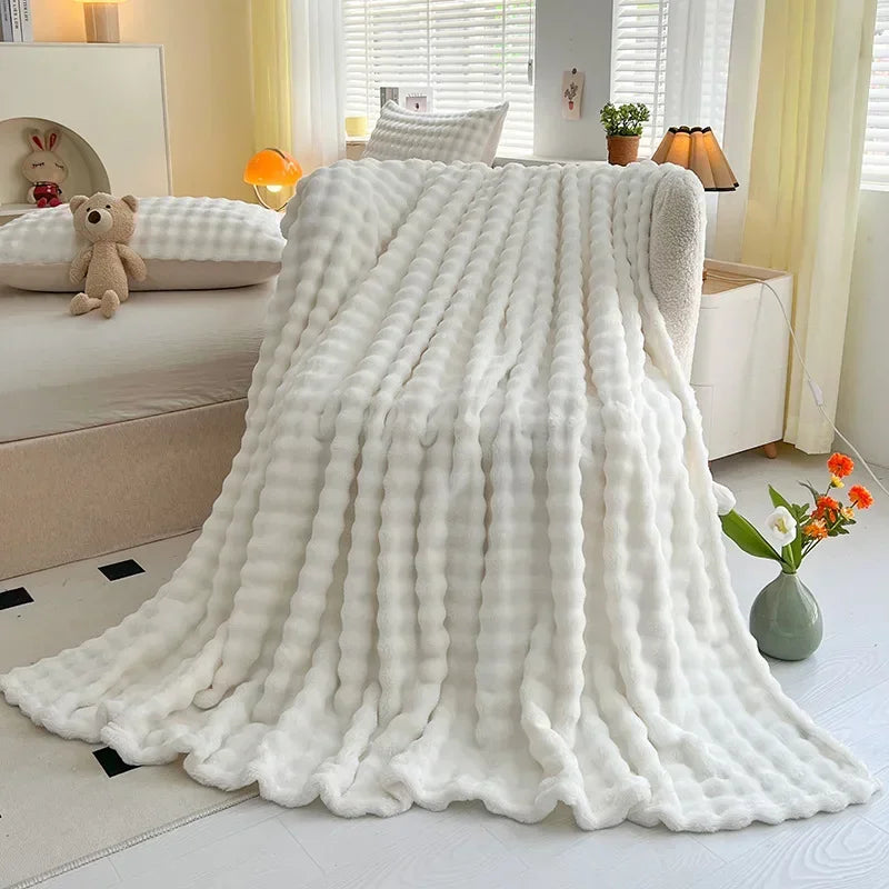 Afralia™ Soft Plush Faux Rabbit Fur Throw Blanket - White Striped Luxury Fluffy Blanket
