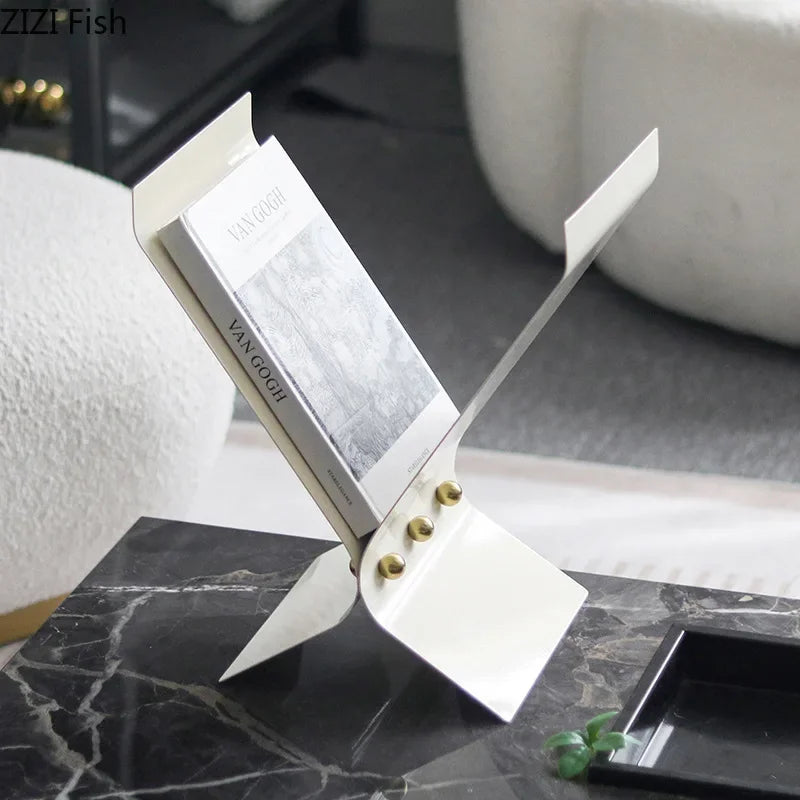 Afralia™ X-Shaped Bookshelf Beige Magazine Holder Modern Metal Rack Room Decor