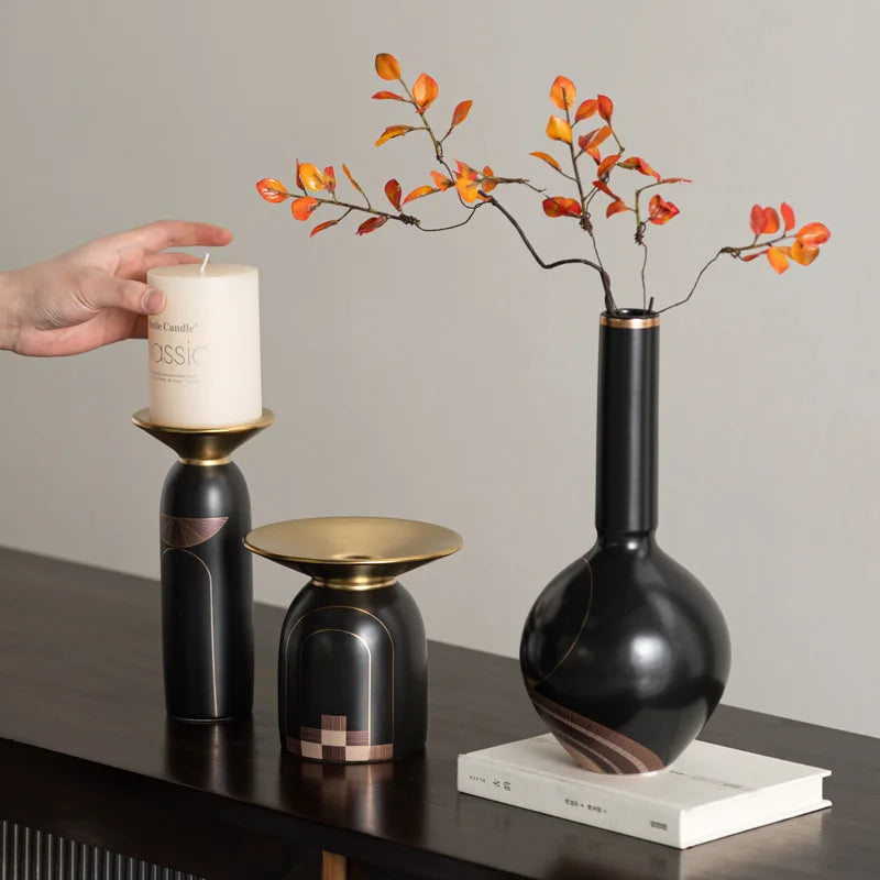 Afralia™ Golden Tray Vase Candlestick Set - Elegant Home Decor & Flower Arrangement Accessories
