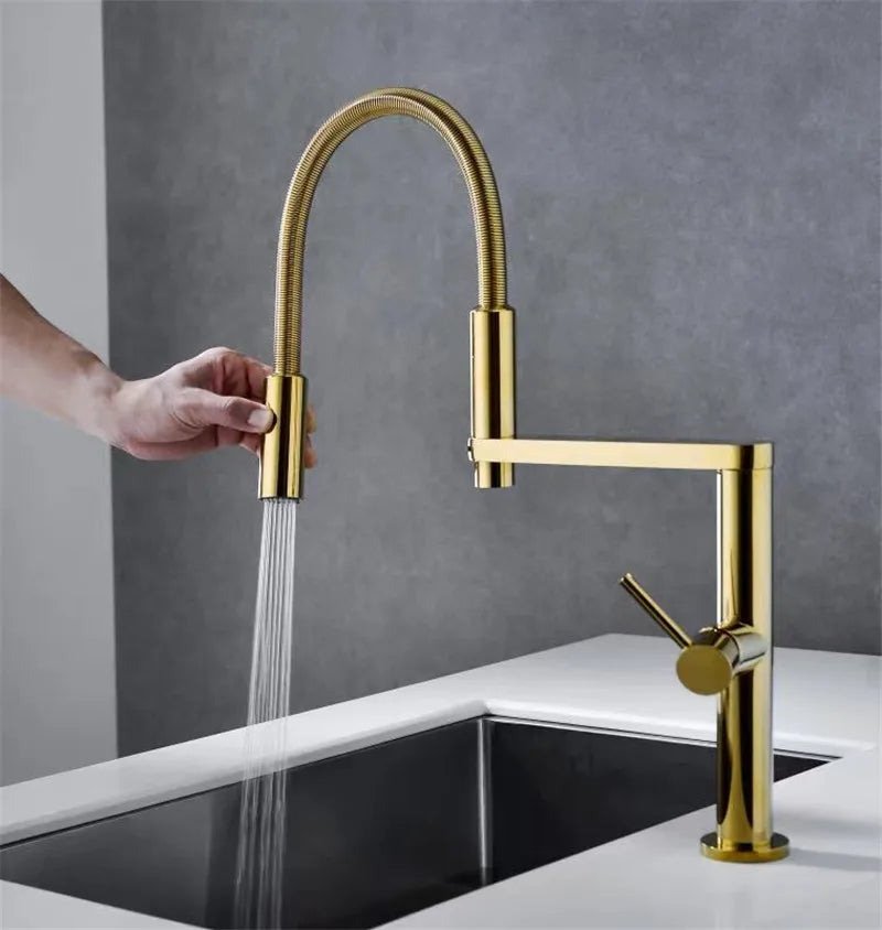 Afralia™ Gold Brass Kitchen Faucet with Foldable Pull Down Spring Spout Mixer Tap