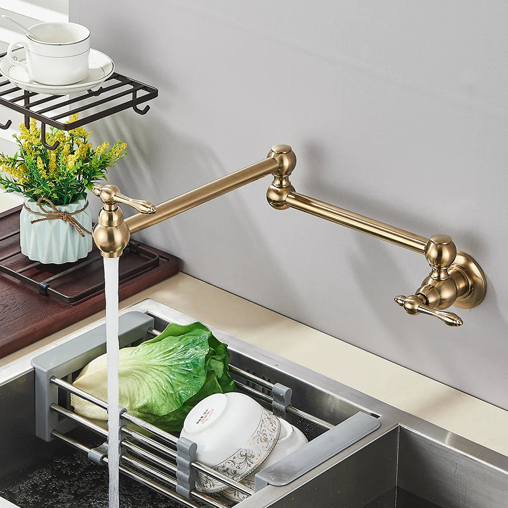Afralia™ Brushed Gold Brass Pot Filler Faucet with Folding Spout - Wall Mounted Kitchen Tap