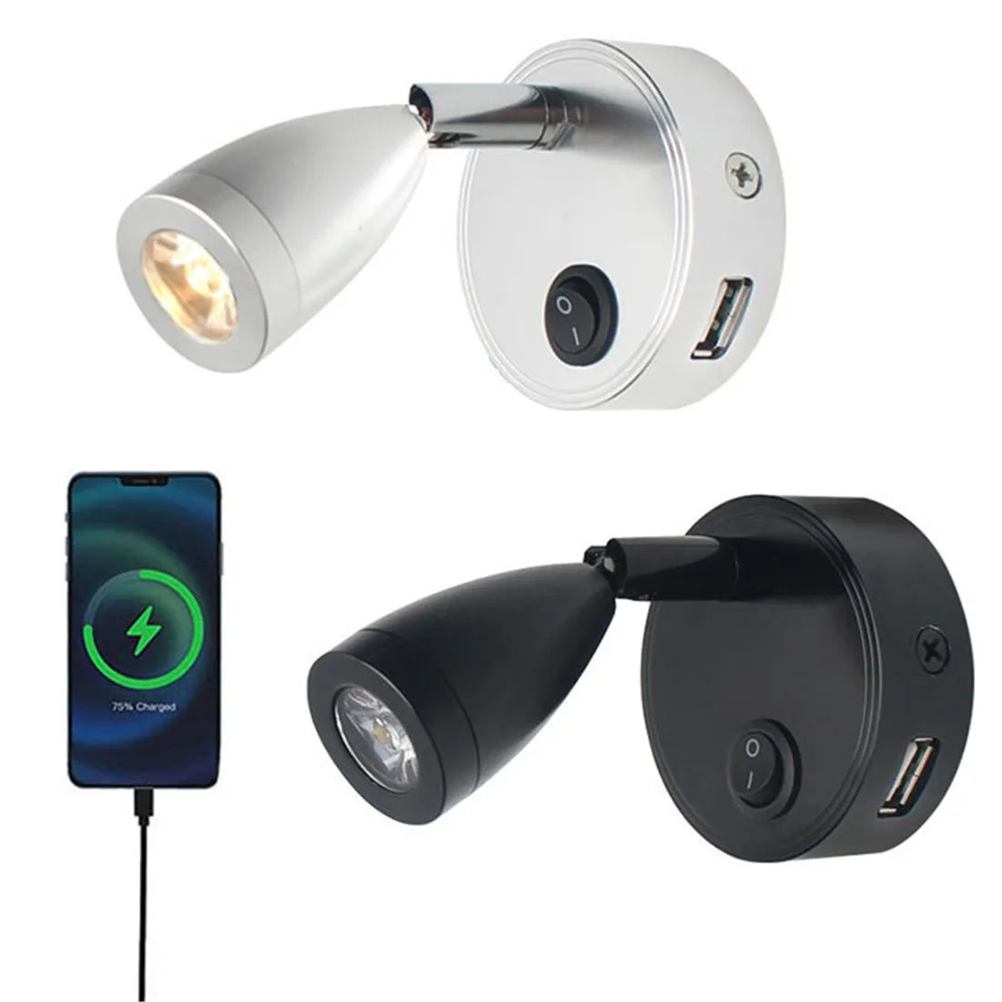 Afralia™ LED Reading Light with USB Port 2W 3 Color for RV Boat Caravan Trailer