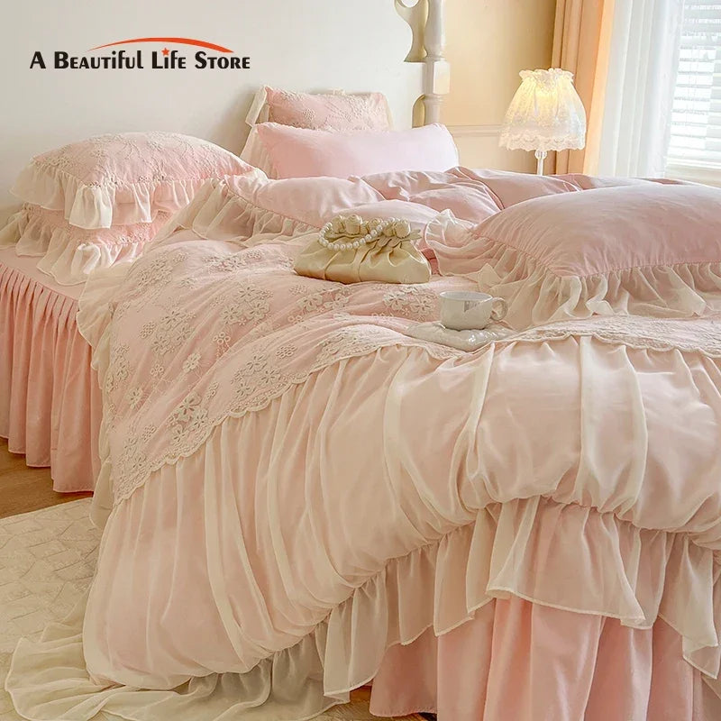 Afralia™ Pink Chiffon Lace Ruffles French Princess Bedding Set - 6-Piece Queen Size