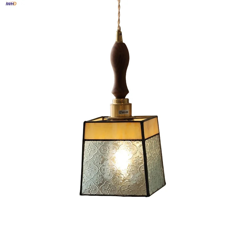 Afralia™ Vintage Flower LED Glass Pendant Light Fixture with Walnut Wood - Japan Style