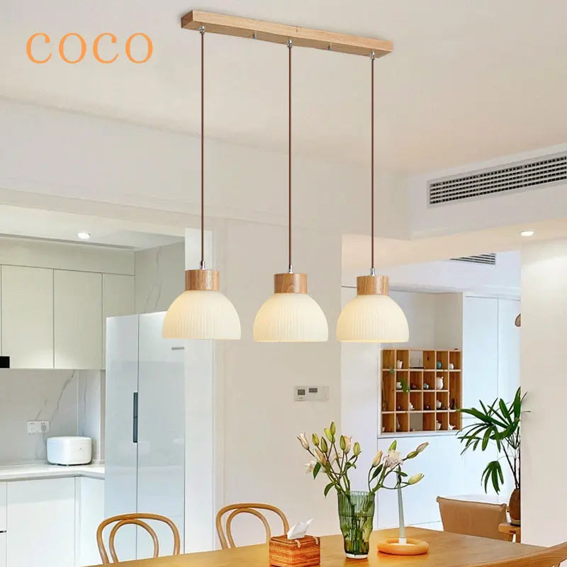 Afralia™ Nordic Wood Glass LED Pendant Light for Dining Kitchen Living Room