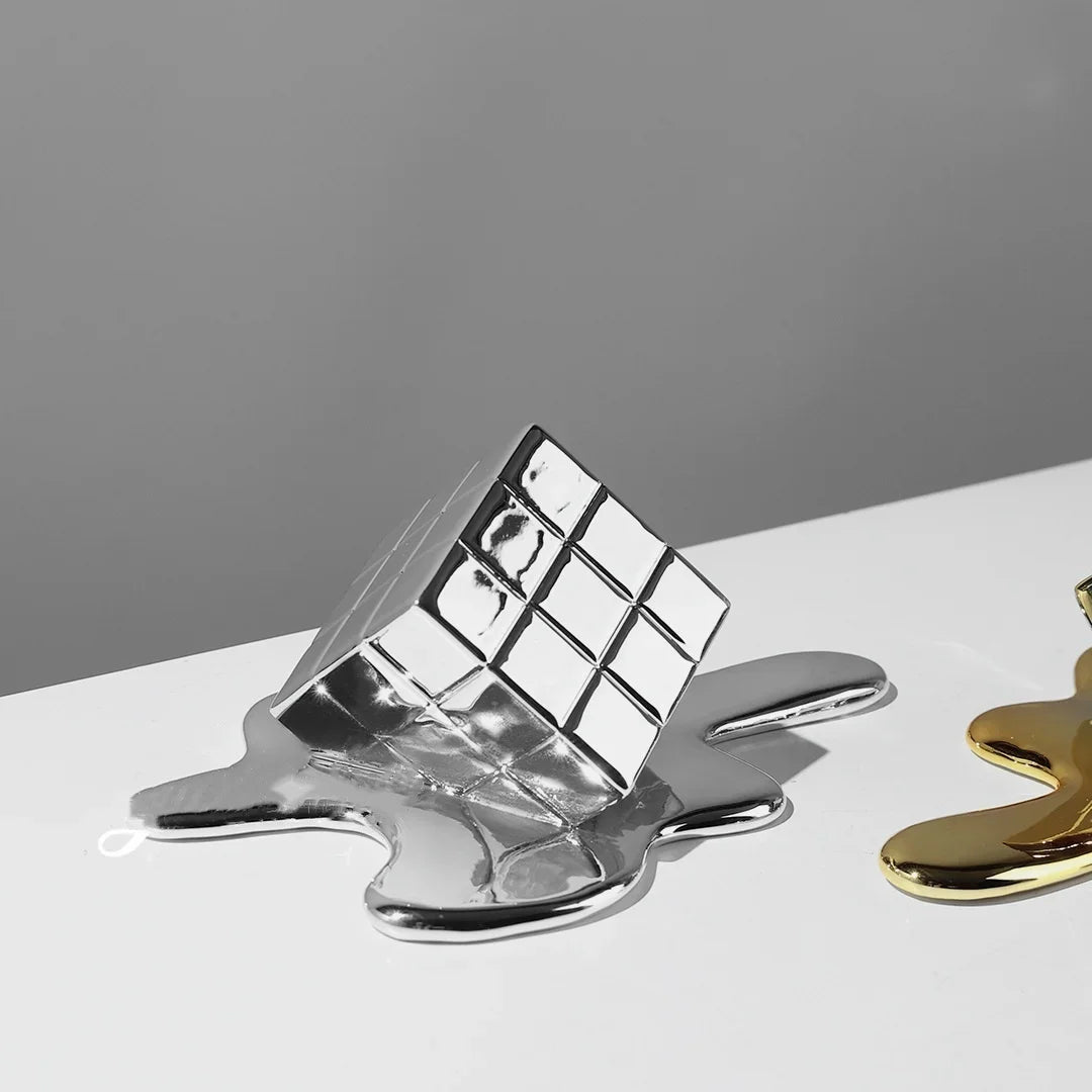 Afralia™ Geometric Gold Resin Cube - Modern Checked Square Decor Figurine