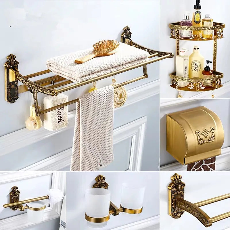 Afralia™ Bronze Carved Bath Accessories Set: Shelf, Towel Rack, Paper Holder, Toilet Brush Holder