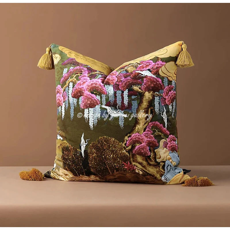 Afralia™ Hill Garden Lumbar Pillow Cover: Chinoiserie Floral Tree Crane Birds Design