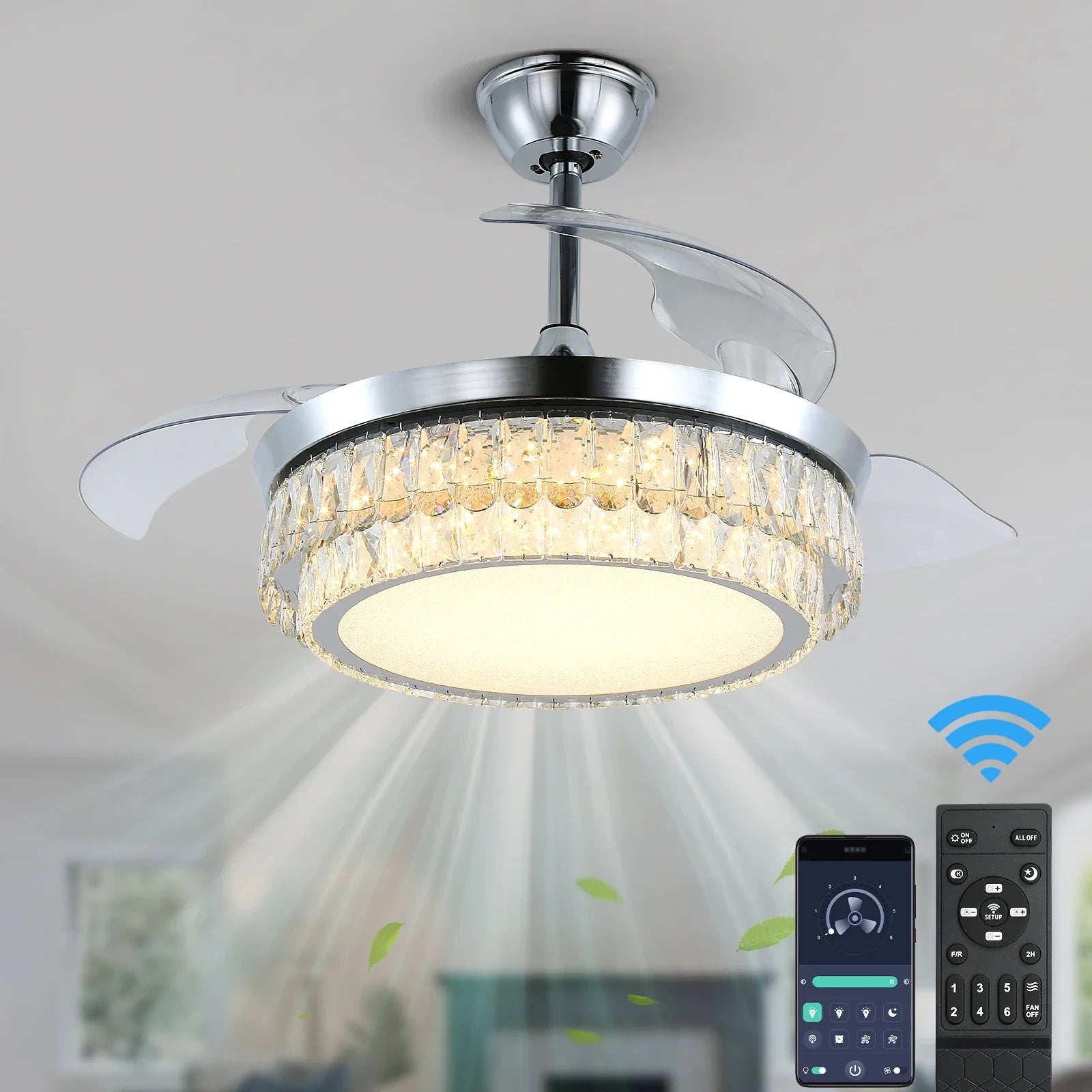 Afralia™ Modern Crystal Chandelier Fan with Retractable Blades and Dimmable LED Light