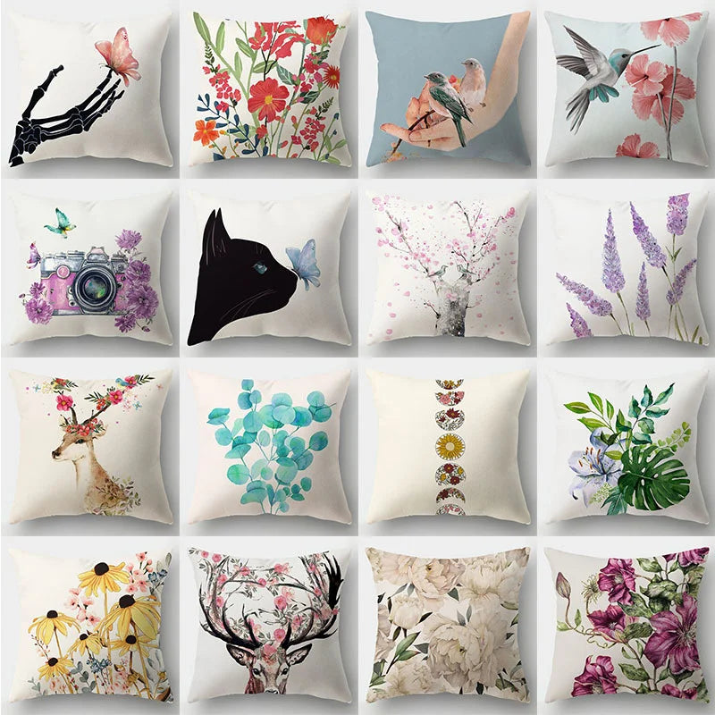 Afralia™ Deer Animal Short Plush Pillowcase with Natural Leaves and Flowers