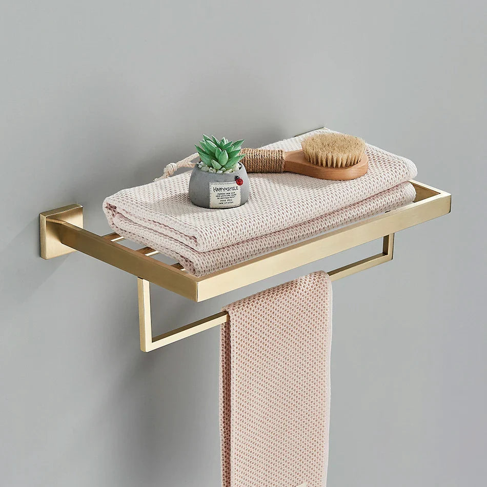 Afralia™ Brushed Gold Bathroom Set: Towel Bar, Robe Hook, Shelf, Tissue Holder & Accessories