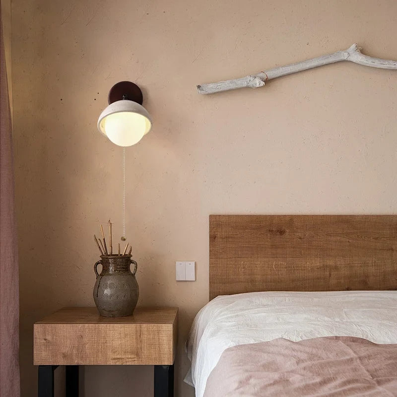 Afralia™ Yellow Travertine LED Wall Light with Pull Chain Switch, Nordic Modern Glass Wood Lamp