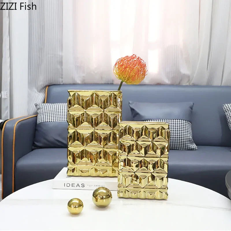Afralia™ Golden Square Ceramic Vase with Artificial Flowers for Room Aesthetic Decor