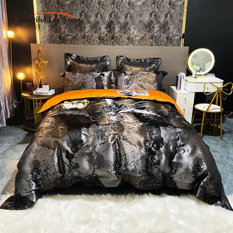Afralia™ Black Gold Jacquard Egyptian Cotton Bedding Set, Satin Duvet Cover, Fitted Sheet Pillowcases