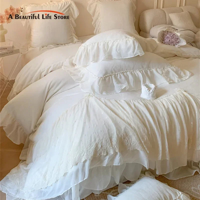 Afralia™ French Princess Velvet Bedding Set, Queen Size with Lace Ruffles