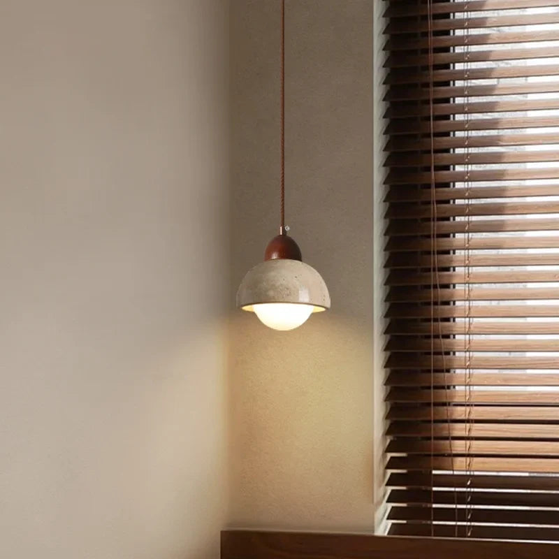 Afralia™ Japanese LED Hanging Lamp Yellow Travertine Pendant Lighting for Bedroom and Dining Room