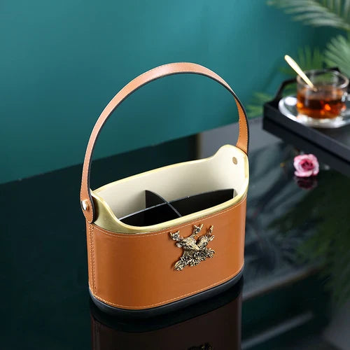 Afralia™ Brown Leather Desktop Storage Basket and Tissue Box