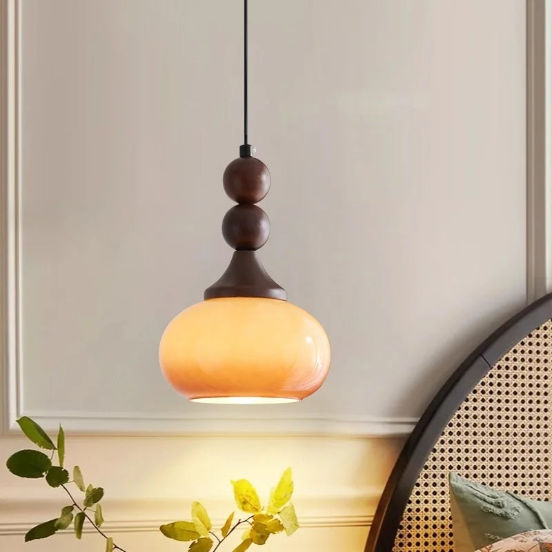 Afralia™ Wood Glass LED Pendant Lamps | French Vintage Hanging Light