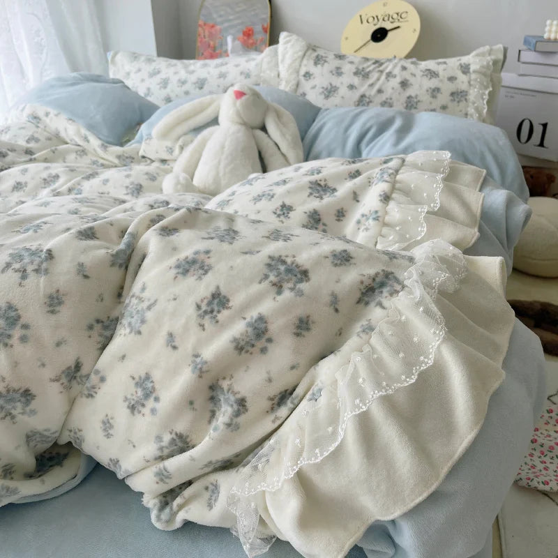 Afralia™ Vintage French Lace Ruffles Bedding Set with Winter Warm Velvet, Single Queen King Size