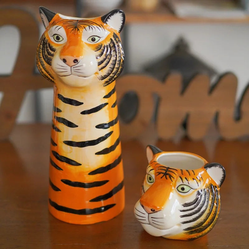 Afralia™ Tiger Head Vase Cartoon Sculpture | Handcrafted Animal Ornament for Home Décor