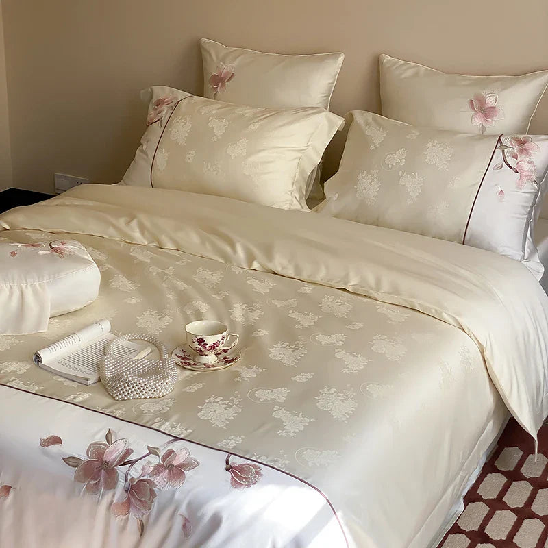 Afralia™ Chinese Floral Embroidery Lyocell Cotton Bedding Set with Silky Softness