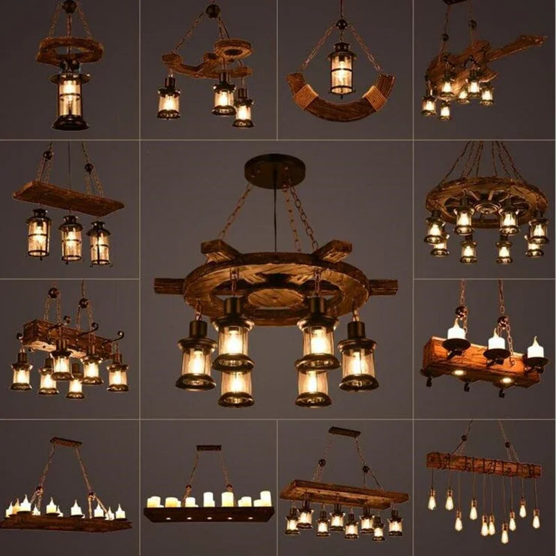 Afralia™ Wood and Iron Chandelier Pendant Lighting for Kitchen Island, Bedroom, Coffee Shop