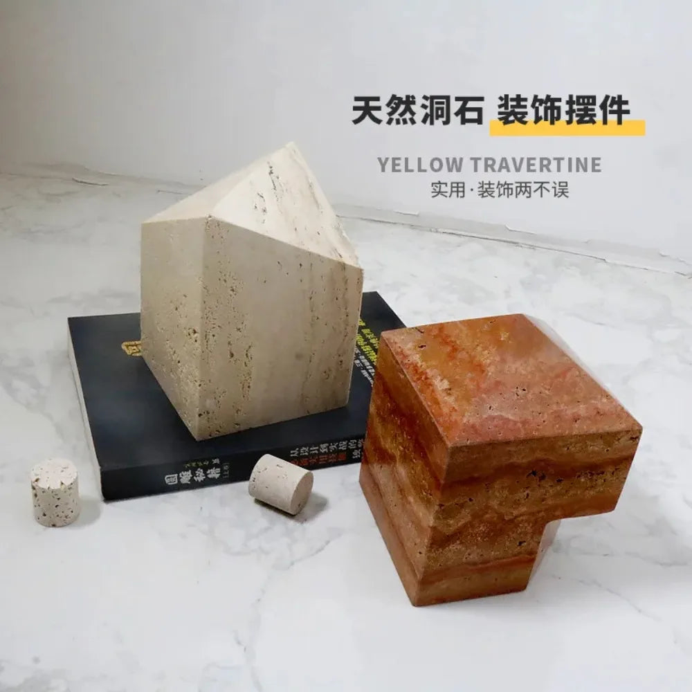 Afralia™ Luxury Beige Travertine Stone Bookends Vintage Home Decor Holder Stand