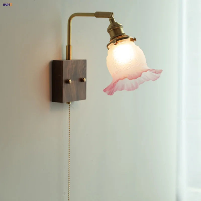 Afralia™ Glass Pink LED Wall Lights Pull Chain Switch Rotatable Sconce Bedside Lamp