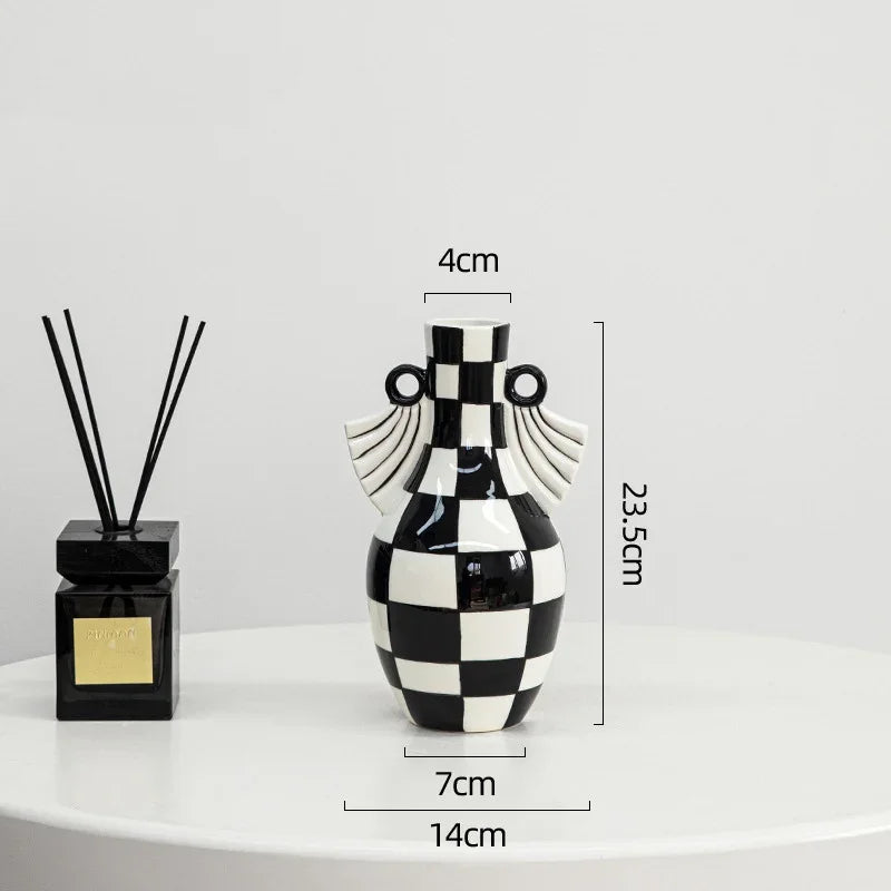 Afralia™ Checkered Pattern Ceramic Vase: Geometric Table Decor for Flowers & Room Aesthetic