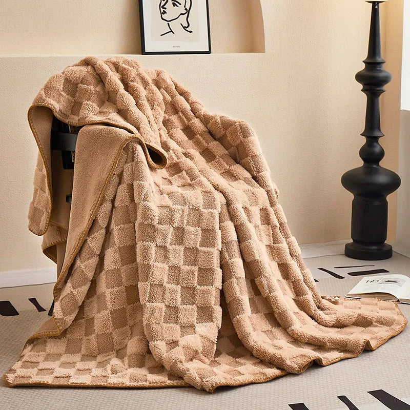 Afralia™ Luxury Teddy Rabbit Checkered Blanket: Double-Sided Velvet Sofa Cover