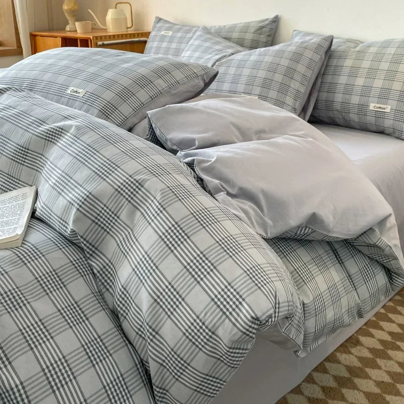 Afralia™ Grid Printed Cotton Fitted Sheet Set - Double-Sided Mix Color Quilt Cover