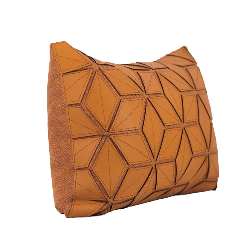 Afralia™ Dark Orange Geometric Petals Leather Patched Lumbar Pillow Cover Luxury Case