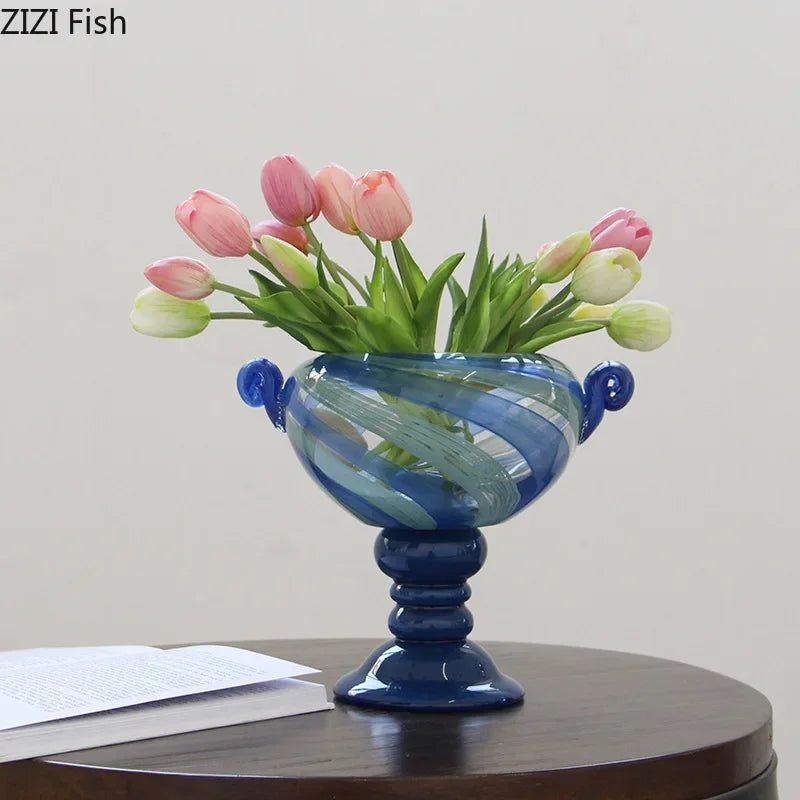 Afralia™ Blue Stripe Glass Vase Hydroponics Plant Pot Room Decor