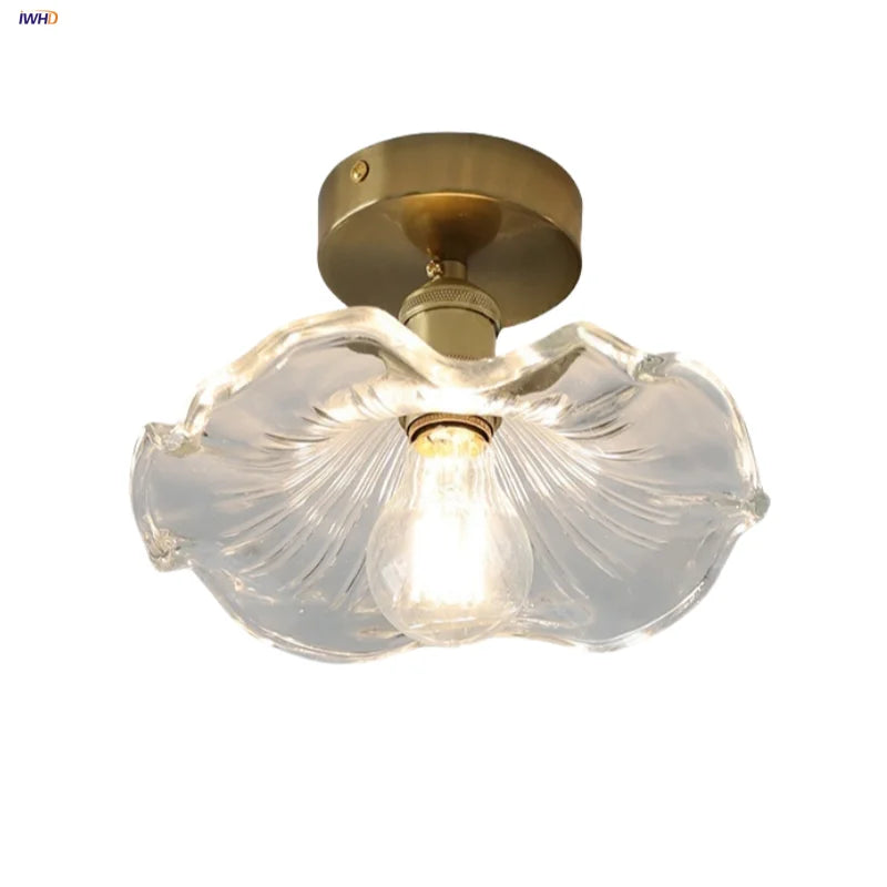 Afralia™ Glass Lotus Leaf LED Ceiling Light with Copper Knob Switch for Modern Nordic Style