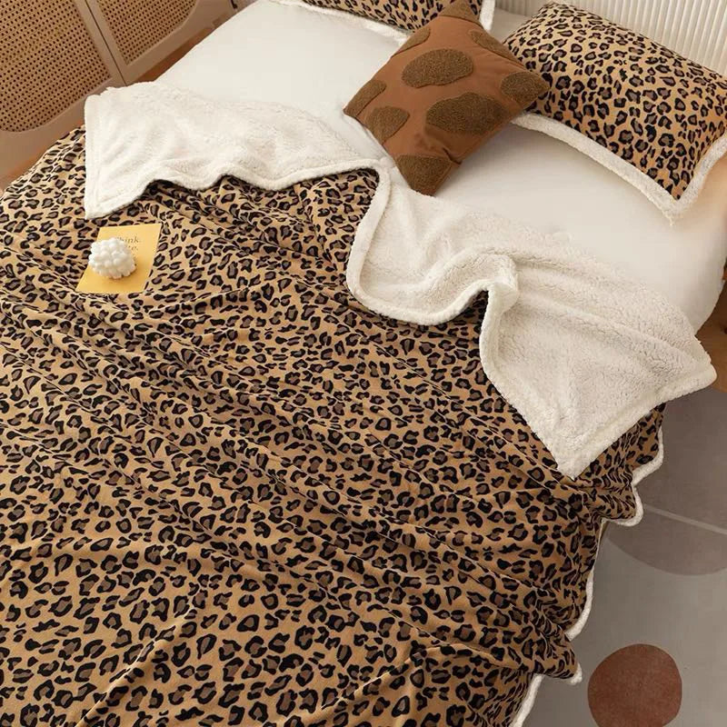 Afralia™ Double Layer Leopard Print Coral Fleece Blanket - 150X200Cm Office Bedspread