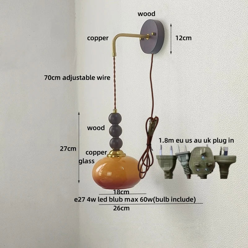 Afralia™ Vintage Wood Ball LED Wall Sconce Amber Glass Wall Light Fixture