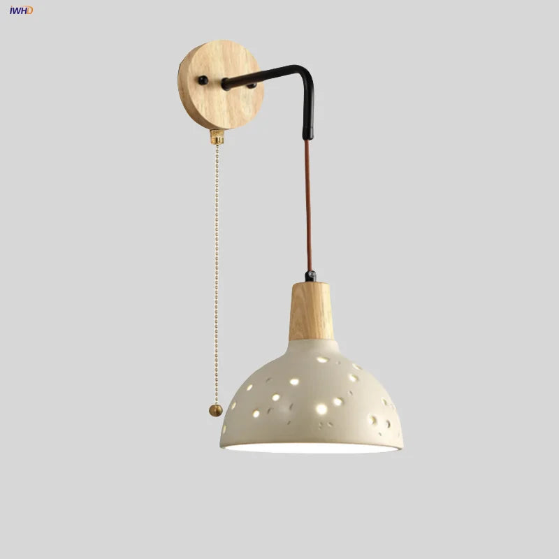 Afralia™ Adjustable Wall Lights Pull Chain Switch Wood Socket Cement Modern Bedside Lamp
