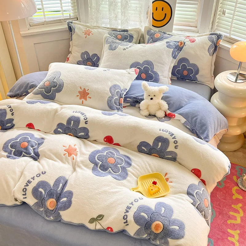 Afralia™ Winter Flower Print Coral Fleece Duvet Cover, Cozy Thick Blanket Cover