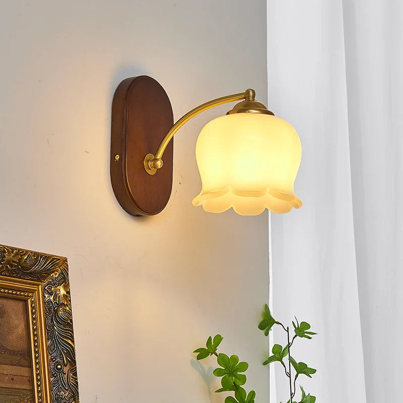 Afralia™ LED Japanese Style Wall Lights Copper Wood Bedside Lamp for Home Bedroom