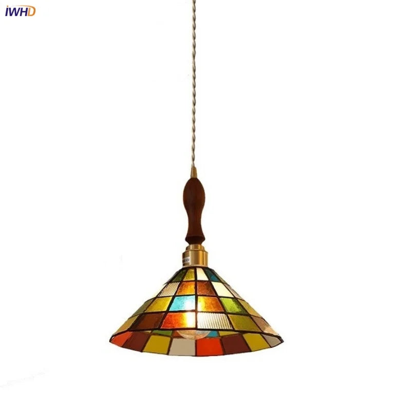 Afralia™ Walnut Wood LED Pendant Light Fixture with Colorful Glass Hang Lamp