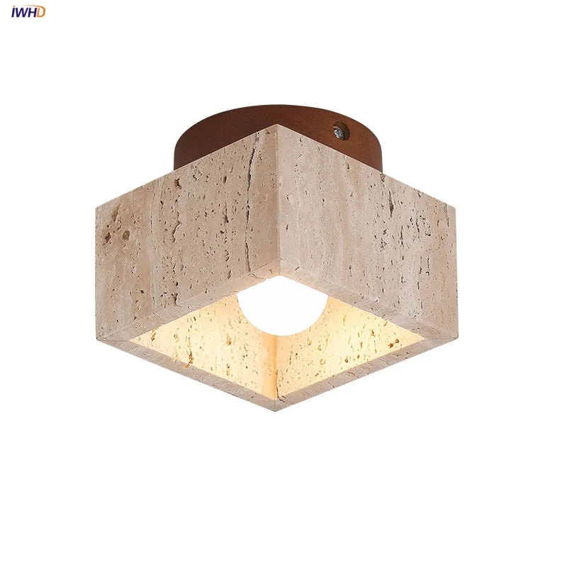 Afralia™ Yellow Travertine LED Ceiling Lamp Wood Canopy Nordic Modern Light Fixture