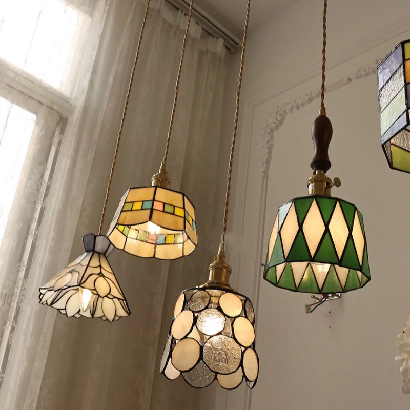 Afralia™ LED Glass & Wood Pendant Lamp Vintage Copper Hanging Lights