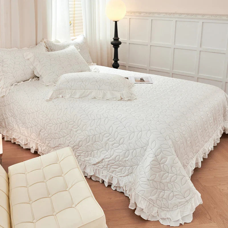 Afralia™ Leaf Embroidery Double Layer Lace Ruffles Quilt Set with Bedspread & Pillowcases