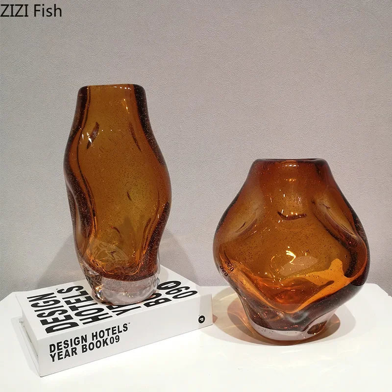 Afralia™ Amber Glass Vase & Artificial Flower Desk Decoration for Room Aesthetic